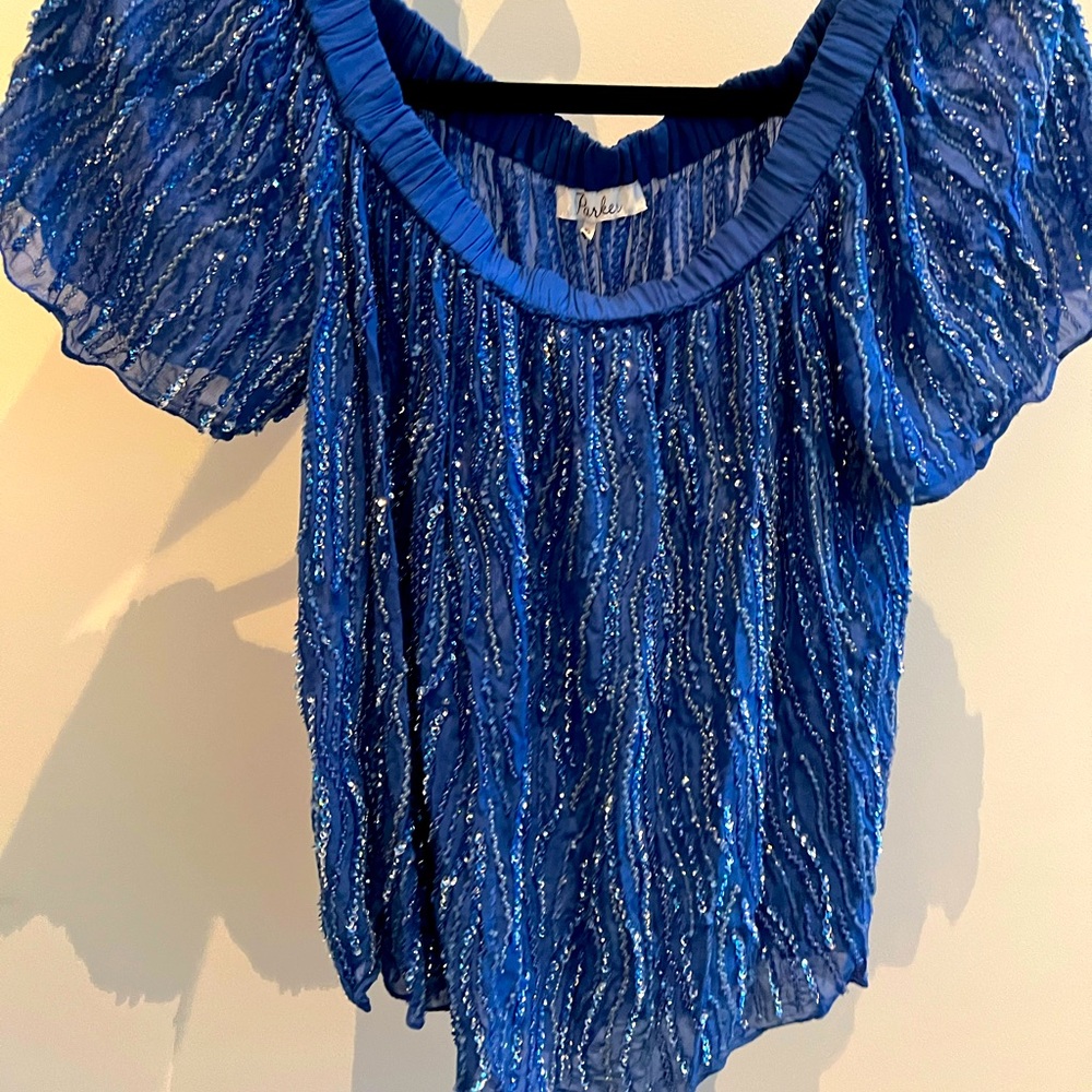 NWT, Parker beaded peacock blue short sleeve blouse